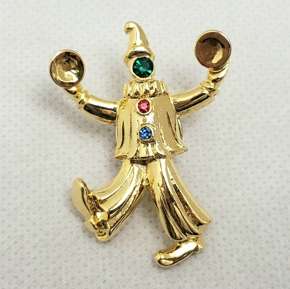 Vintage JJ Gold Rhinestone Clown Dancing Clashing Cymbals Tack Pin - Picture 8 of 10